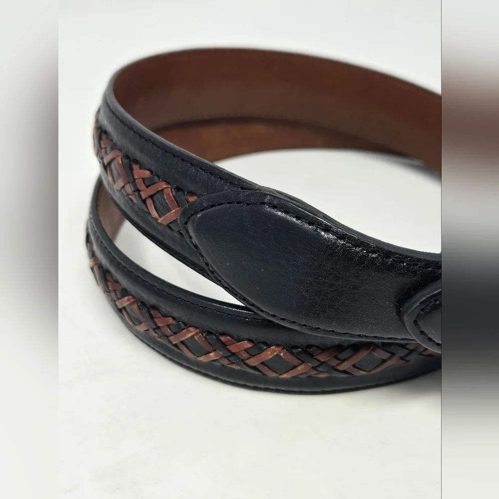 BRIGHTON BLACK LEATHER BELT CHOCOLATE BROWN BRAIDED STITCHING MEN 36 WESTERN